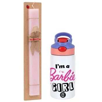 I'm Barbie girl, Easter Set, Children's thermal stainless steel water bottle with safety straw, pink/purple (350ml) & Easter scented flat candle (30cm) (PINK)