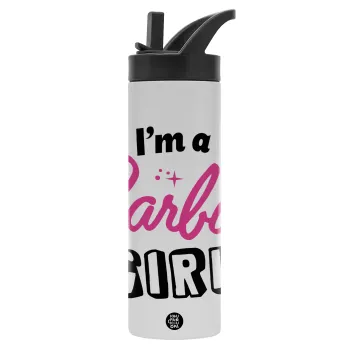 I'm Barbie girl, Metallic thermos bottle with straw & handle, stainless steel (Stainless steel 304), double-walled, 600ml.