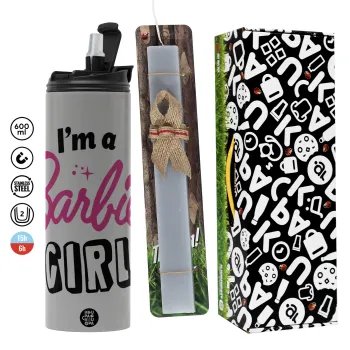 I'm Barbie girl, Πασχαλινή Λαμπάδα με Travel Tumbler θερμό (600ml, BPA free) & κερί αρωματικό πλακέ (30cm) (ΓΚΡΙ)