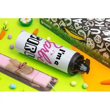 I'm Barbie girl, Πασχαλινή Λαμπάδα με Travel Tumbler θερμό με διπλό καπάκι (600ml, BPA free) & κερί αρωματικό πλακέ (30cm) (ΡΟΖ)