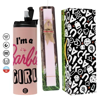 I'm Barbie girl, Πασχαλινή Λαμπάδα με  ΡΟΖ Travel Tumbler θερμό (600ml, BPA free) & κερί αρωματικό πλακέ (30cm) (ΡΟΖ)