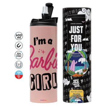 I'm Barbie girl, Tumbler ποτήρι θερμό ΡΟΖ από ανοξείδωτο ατσάλι 600ml