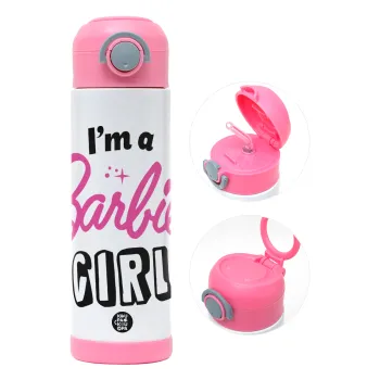 I'm Barbie girl, Children's hot water bottle, stainless steel, with safety straw, PINK (500ml)