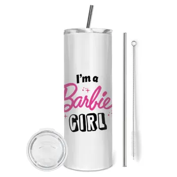 I'm Barbie girl, Tumbler ποτήρι θερμό από ανοξείδωτο ατσάλι 600ml, με μεταλλικό καλαμάκι & βούρτσα καθαρισμού