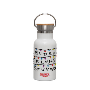 Stranger Things ABC, Μεταλλικό παγούρι θερμός (Stainless steel) Λευκό με ξύλινο καπακι (bamboo), διπλού τοιχώματος, 350ml