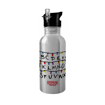 Stranger Things ABC, Water bottle Silver with straw, stainless steel 600ml