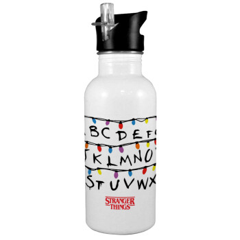 Stranger Things ABC, White water bottle with straw, stainless steel 600ml