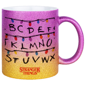 Stranger Things ABC, Κούπα Χρυσή/Ροζ Glitter, κεραμική, 330ml