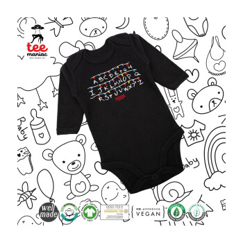 Stranger Things ABC, Μακρυμάνικο βρεφικό φορμάκι, 0-18 μηνών, ΜΑΥΡΟ, 100% Organic Cotton