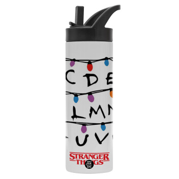 Stranger Things ABC, Μεταλλικό παγούρι θερμός με καλαμάκι & χειρολαβή, ανοξείδωτο ατσάλι (Stainless steel 304), διπλού τοιχώματος, 600ml