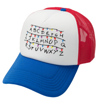 Stranger Things ABC, Adult Soft Trucker Hat with Red/Blue/White Mesh (POLYESTER, ADULT, UNISEX, ONE SIZE)