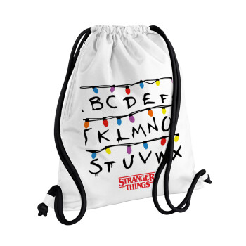 Stranger Things ABC, Τσάντα πλάτης πουγκί GYMBAG λευκή, με τσέπη (40x48cm) & χονδρά κορδόνια