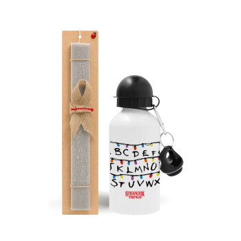 Stranger Things ABC, Easter Set, metallic aluminum water bottle (500ml) & aromatic flat Easter candle (30cm) (GRAY)