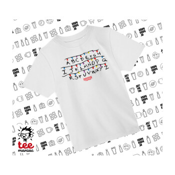 Stranger Things ABC, Άνετο παιδικό T-Shirt ΛΕΥΚΟ από 100% βαμβάκι, για κάθε μέρα. Vegan & OEKO-TEX πιστοποιημένο.