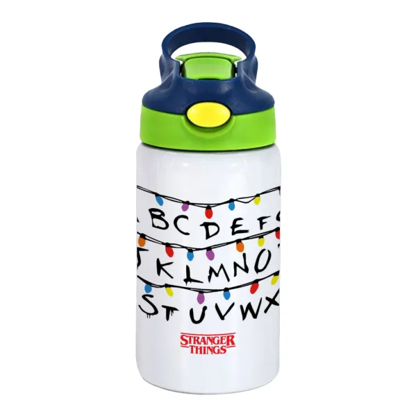 Stranger Things ABC — Children's hot water bottle, stainless steel, with safety straw, green, blue (350ml)