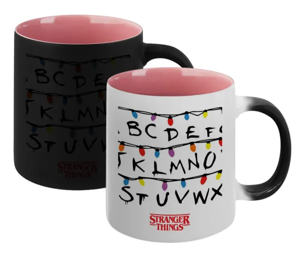 Stranger Things ABC — Magic mug with pink interior, ceramic, 330ml, changes colour with hot drinks