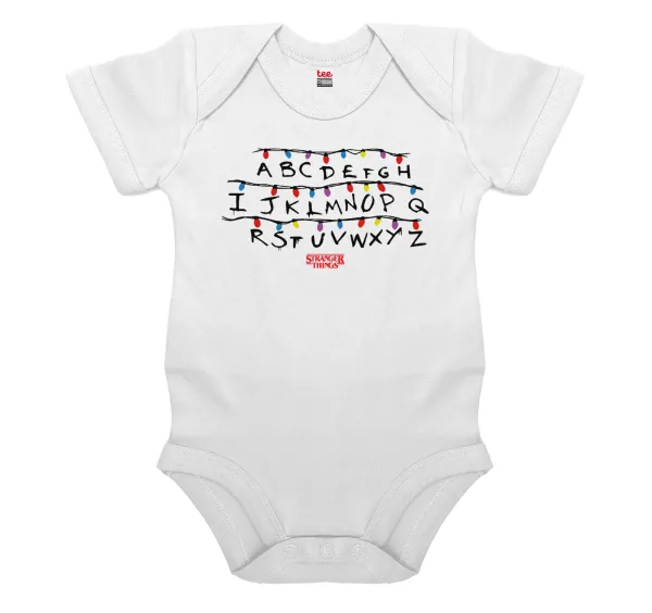 Stranger Things ABC — Βρεφικό φορμάκι μωρού, 0-24 μηνών, ΛΕΥΚΟ, 100% Organic Cotton, κοντομάνικο