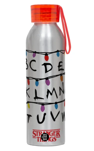 Stranger Things ABC — Αλουμινένιο Αθλητικό Μπουκάλι 650ml – Ασημί με Κόκκινο Καπάκι και Λουράκι Σιλικόνης