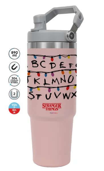 Stranger Things ABC — ΡΟΖ Travel Tumbler Θερμός με χερούλι και καλαμάκι 890ml