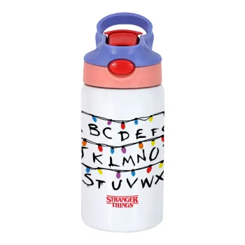 Stranger Things ABC, Παιδικό παγούρι θερμό, ανοξείδωτο, με καλαμάκι ασφαλείας, ροζ/μωβ (350ml)