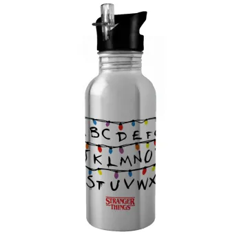 Stranger Things ABC, Παγούρι νερού Ασημένιο με καλαμάκι, ανοξείδωτο ατσάλι 600ml