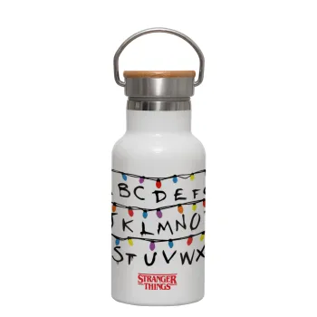 Stranger Things ABC, Μεταλλικό παγούρι θερμός (Stainless steel) Λευκό με ξύλινο καπακι (bamboo), διπλού τοιχώματος, 350ml
