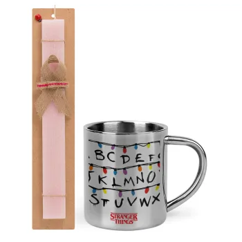 Stranger Things ABC, Easter Set, metallic thermal cup (300ml) & aromatic flat Easter candle (30cm) (PINK)