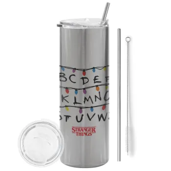Stranger Things ABC, Tumbler stainless steel Silver 600ml, with metal straw & cleaning brush
