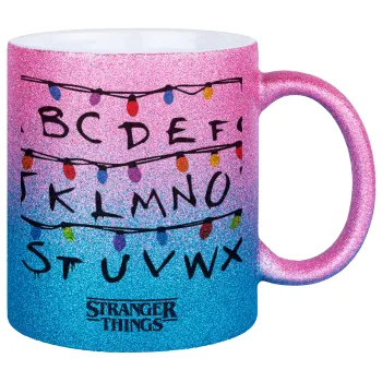 Stranger Things ABC, Κούπα Χρυσή/Μπλε Glitter, κεραμική, 330ml