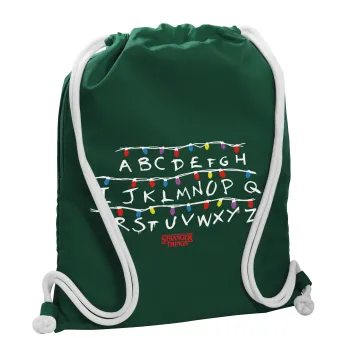 Stranger Things ABC, Τσάντα πλάτης πουγκί GYMBAG BOTTLE GREEN, με τσέπη (40x48cm) & χονδρά λευκά κορδόνια