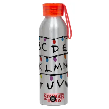 Stranger Things ABC, Αλουμινένιο Αθλητικό Μπουκάλι 650ml – Ασημί με Κόκκινο Καπάκι και Λουράκι Σιλικόνης