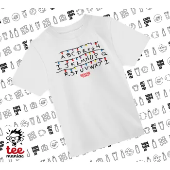Stranger Things ABC, Άνετο παιδικό T-Shirt ΛΕΥΚΟ από 100% βαμβάκι, για κάθε μέρα. Vegan & OEKO-TEX πιστοποιημένο.