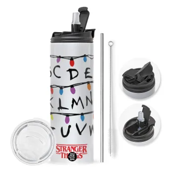 Stranger Things ABC, Travel Tumbler 2 Lids, with metal straw & cleaning brush (Stainless steel 304 Food grade, BPA free, 600ml)