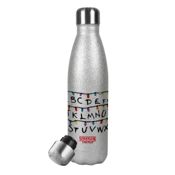 Stranger Things ABC, Metallic Glitter Silver Thermos Flask (Stainless steel), double-walled, 500ml