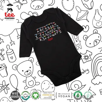 Stranger Things ABC, Μακρυμάνικο βρεφικό φορμάκι, 0-18 μηνών, ΜΑΥΡΟ, 100% Organic Cotton