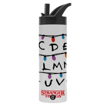 Stranger Things ABC, Μεταλλικό παγούρι θερμός με καλαμάκι & χειρολαβή, ανοξείδωτο ατσάλι (Stainless steel 304), διπλού τοιχώματος, 600ml