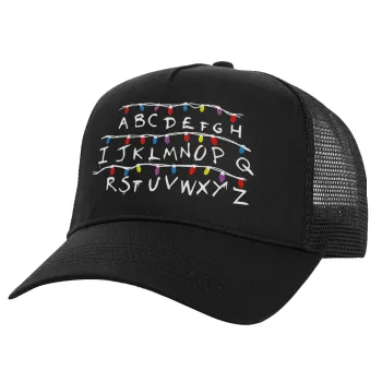 Stranger Things ABC, Structured Trucker Adult Hat, with Mesh, Black (100% COTTON, ADULT, UNISEX, ONE SIZE)