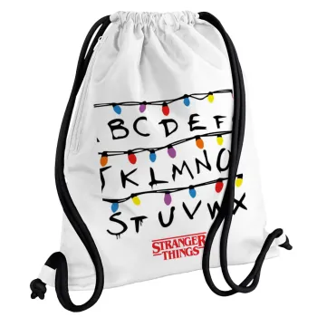Stranger Things ABC, Τσάντα πλάτης πουγκί GYMBAG λευκή, με τσέπη (40x48cm) & χονδρά κορδόνια