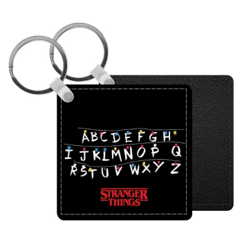 Stranger Things ABC, Μπρελόκ Δερματίνη, τετράγωνο ΜΑΥΡΟ (5x5cm)