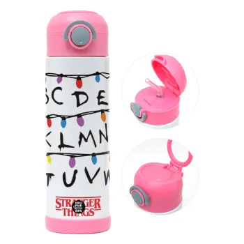Stranger Things ABC, Children's hot water bottle, stainless steel, with safety straw, PINK (500ml)