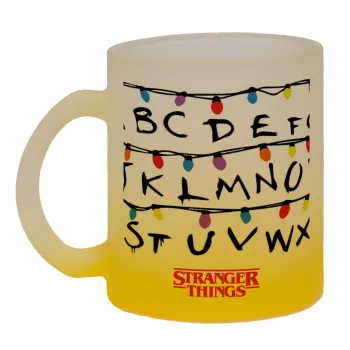 Stranger Things ABC, Κούπα γυάλινη δίχρωμη με βάση το κίτρινο ματ, 330ml