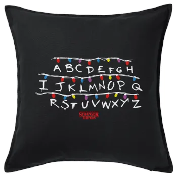 Stranger Things ABC, Μαξιλάρι καναπέ Μαύρο 100% βαμβάκι, περιέχεται το γέμισμα (50x50cm)