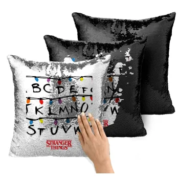 Stranger Things ABC, Μαξιλάρι καναπέ Μαγικό Μαύρο με πούλιες 40x40cm περιέχεται το γέμισμα