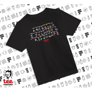 Stranger Things ABC, Άνετο παιδικό T-Shirt ΜΑΥΡΟ από 100% βαμβάκι, για κάθε μέρα. Vegan & OEKO-TEX πιστοποιημένο.