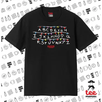 Stranger Things ABC, Κλασικό T-Shirt, διπλής ραφής, χωρίς πλευρικές ραφές ΜΑΥΡΟ από 100% βαμβάκι. Vegan & OEKO-TEX πιστοποιημένο.