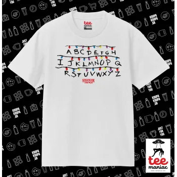 Stranger Things ABC, Κλασικό T-Shirt, διπλής ραφής, χωρίς πλευρικές ραφές ΛΕΥΚΟ από 100% βαμβάκι. Vegan & OEKO-TEX πιστοποιημένο.