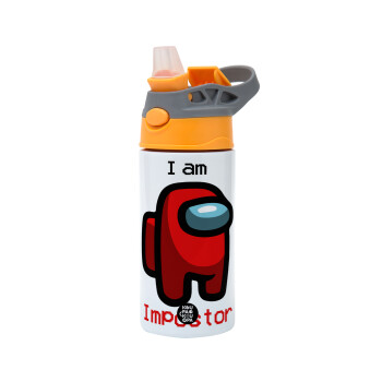 Among US i am impostor, Παιδικό παγούρι θερμό, ανοξείδωτο, με καλαμάκι ασφαλείας, Πορτοκαλί/Γκρι (360ml) BPA-FREE