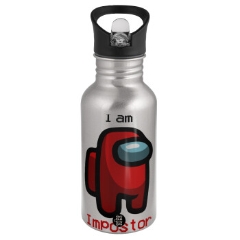 Among US i am impostor, Water bottle Silver with straw, stainless steel 500ml