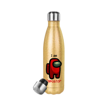 Among US i am impostor, Μεταλλικό παγούρι θερμός Glitter χρυσό (Stainless steel), διπλού τοιχώματος, 500ml