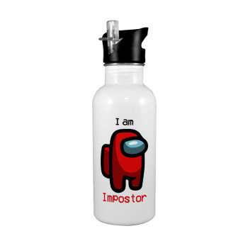 Among US i am impostor, White water bottle with straw, stainless steel 600ml